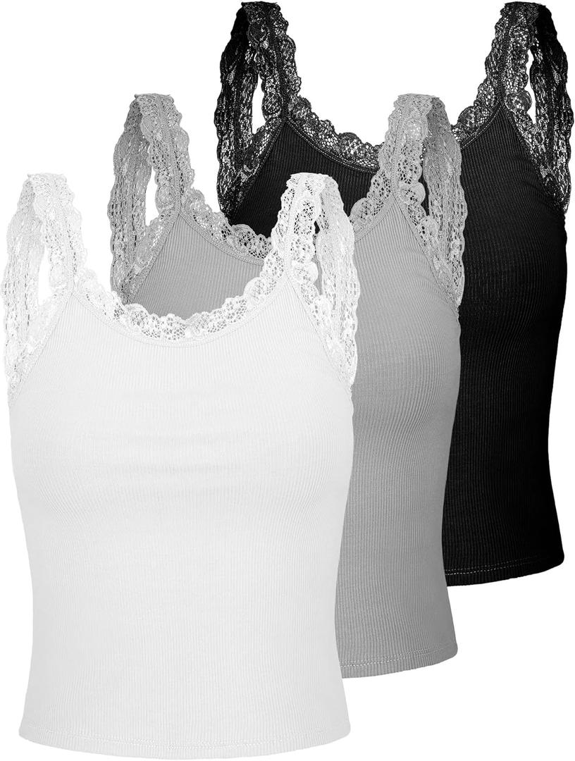 Sintege 3 Pcs Women's Lace Patchwork Tank Top Lace Camisole Tank Sleeveless Cami Crop Lacework Trim Y2k Tops (Medium, Black, White, Gray)