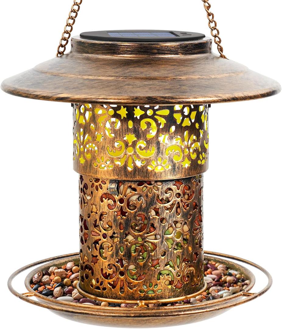 DY-SKTY Metal Bird Feeder for Outdoor Hanging, Large Capacity Solar light Wild Bird Feeder with Drainage Holes,Landing Ring, Solar Lanterns for Garden Decoration, Unique Bird Watching Gift for Outside