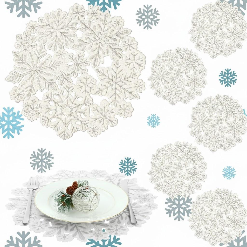 Yingzhao 6 Pack Ivory White Christmas Snowflake Placemats Embroidered Table Placemats Washable Round Snow Flake Table Mats for Xmas Party Winter Holiday Wedding Dinner Decoration