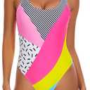 MIAIULIA Women's Retro 80s/90s Inspired High Cut Low Back Padding One Piece Swimwear Bathing Suits (Large, Color Block Rose)