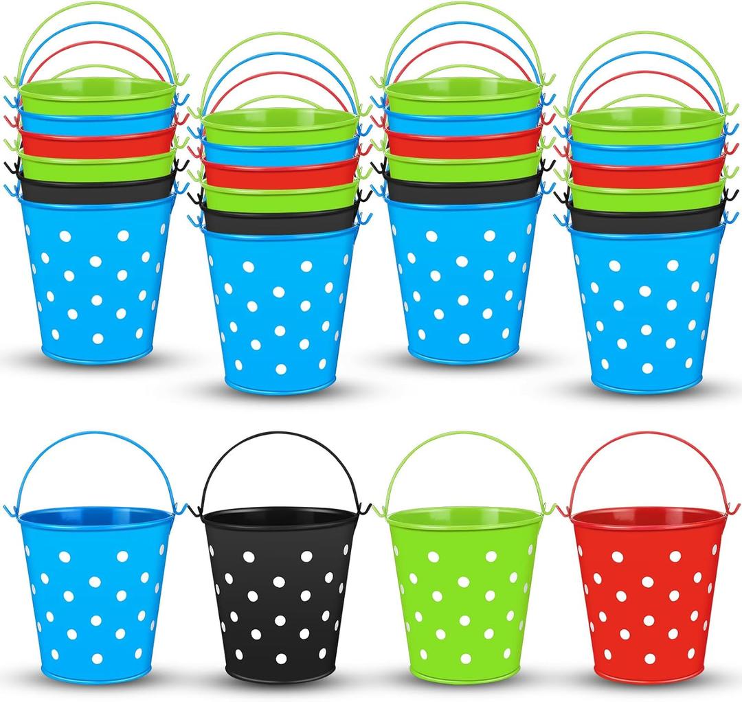 24 Pcs Small Metal Bucket with Handle Bulk for Classroom Multi Color Polka Dots Pencil Bucket Organization Metal Tin Bucket Pail Crayon Caddy for Teacher Kids Party Favors, Use for Home Storage