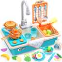 CUTE STONE Play Kitchen Sink Toys with Upgraded Real Faucet, Play Cooking Stove, Cookware Pot and Pan,Play Food, Color Changing Dishes Accessories for Boys Girls Toddlers (Light Green)