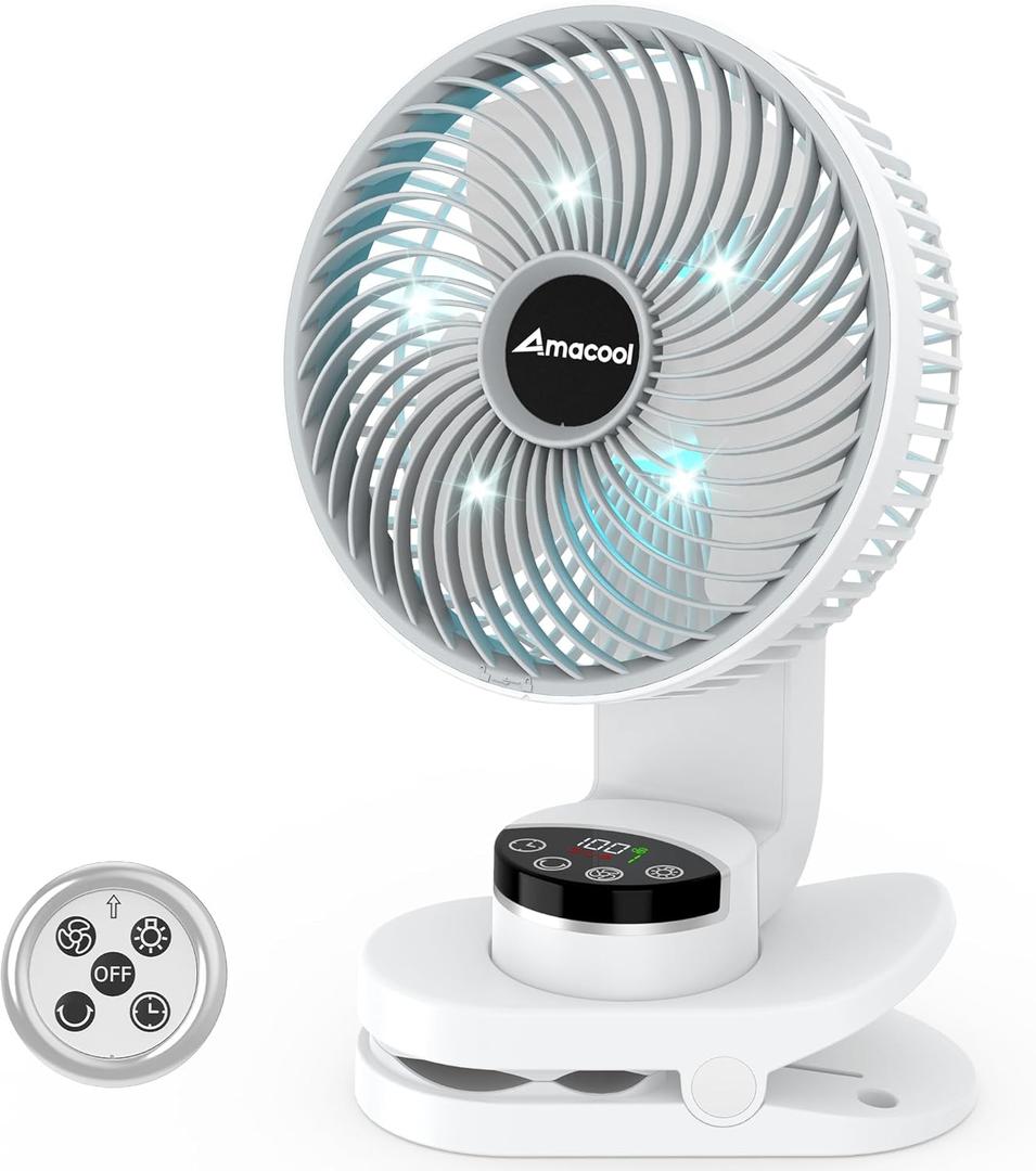 AMACOOL Battery Operated Camping Fan with Light, 20000mAh Rechargeable Clip on Fan with Hook & Digital Display, 112Hrs Running, 9 Speed, 360° Rotation Portable Small Fans for Tent Camping RV Travel