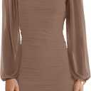 Wenrine Women's Mesh Long Sleeve Square Neck Ruched Party Club Cocktail Bodycon Mini Dress (Brown, XS)