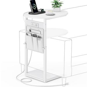 Vagusicc C Shaped End Table with Charging Station, 32" Tall Side Table for Couch and Recliner, Adjustable Height Small Couch Side Table Slide Under Sofa TV Tray Table for Living Room, Bedroom, White