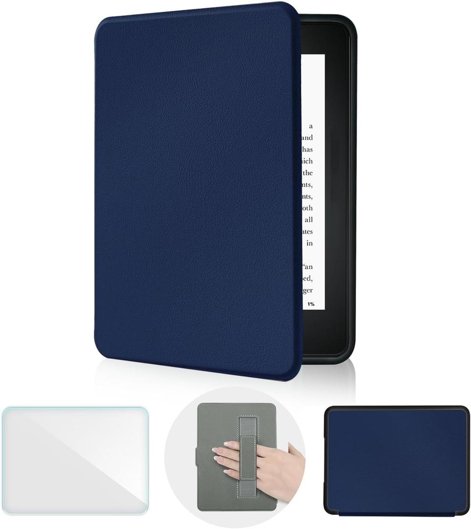 Case for Kindle Paperwhite 12th Generation & Kindle Colorsoft Signature Edition 7 Inch with Hand Strap(2024, Model SA568B SA569P), Silm TPU Sleep Cover Case with a Screen Protector(Navy Blue, 7 inch)