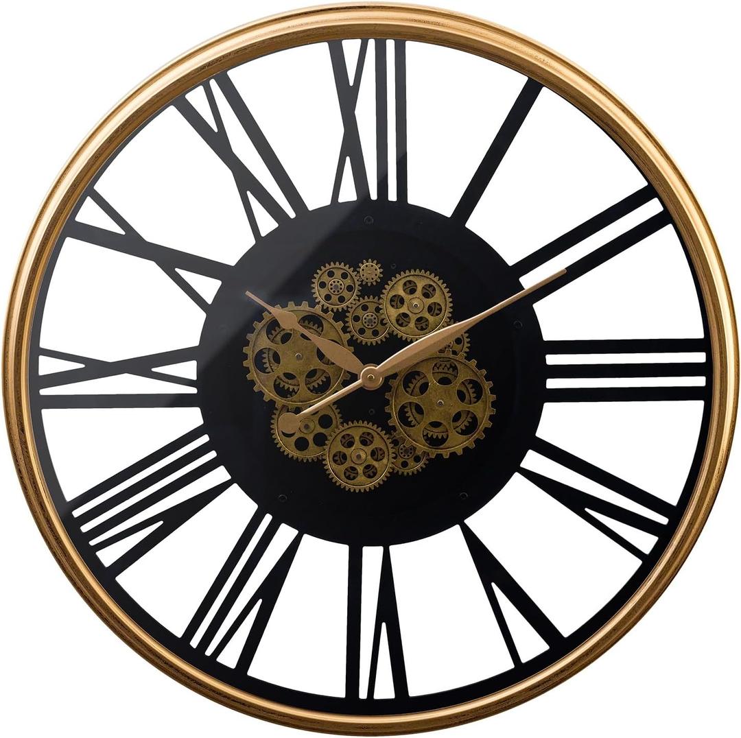 32in Large Wall Clock with Exposed Gears, Silent Roman Numeral | Non-ticking vintage industrial metal frame clock, moving gears, battery operated, decor for living room