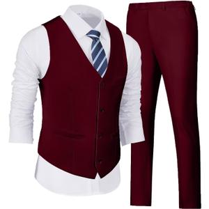 Wehilion Men's Suits 2 Pieces, Vest Pants Set for Men, V-Neck Slim Fit Casual Suit Waistcoat (Medium, Burgundy)