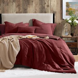 Geniospin King Comforter Set - 7 Pieces Comforter King Size, Soft Solid Bedding Set for All Season, Dark Red Textured Bed in a Bag with Sheets, Pillowcases & Shams (King (102"x90"))