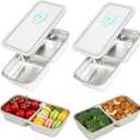 2Pcs Stainless Steel Snack Containers, 2 Compartments Portable Food Storage Bento Boxes with Lids, Divided Meal Prep Lunch Box Food Container Dishwasher Safe