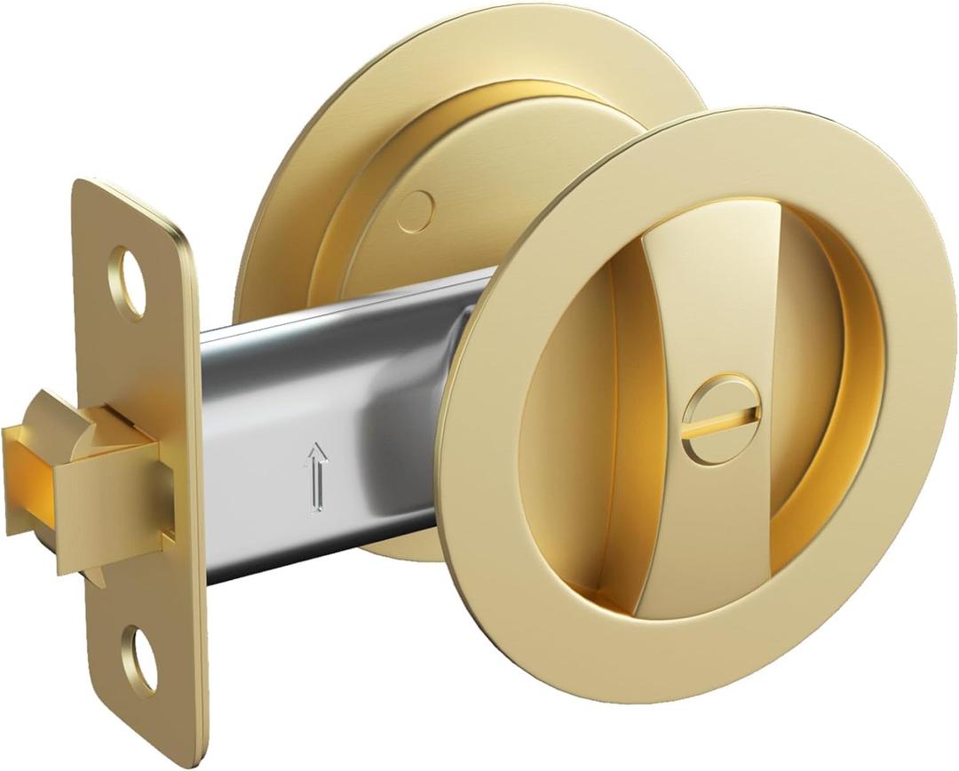 goldenwarm Brushed Gold Pocket Door Lock, Zinc Alloy Gold Pocket Door Hardware(2-3/8" Backset), Pocket Door Handles Round Pocket Door Locks for Bathroom for Closet Door Lock - 1 Pack