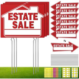 14Pcs Estate Sale Signs,17" x 13",Estate Sale Arrows Yard Sign Double Sided wth Metal Stake, Yard Sale Pricing Stickers,Directional Arrows & Fluorescent Neon Stickers