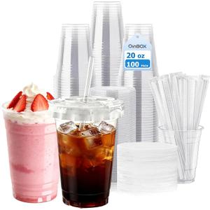 100 Pack - 20 oz Iced Coffee Cups with Lids and Straws, Disposable Plastic Clear Cups with Paper Liner for Cold Drinks, Milkshakes, and To-Go Beverages, BPA-Free