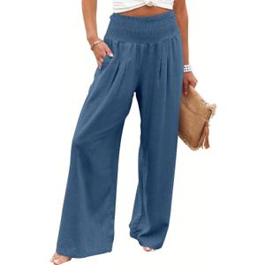 ANRABESS Women Linen Palazzo Pants Summer Boho Wide Leg High Waist Casual Lounge Pant 2025 Beach Travel Vacation Outfits (Small, Deep Blue)