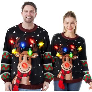 Christmas Sweaters Reindeer Ugly Sweater with Light Bulbs (X-Large)