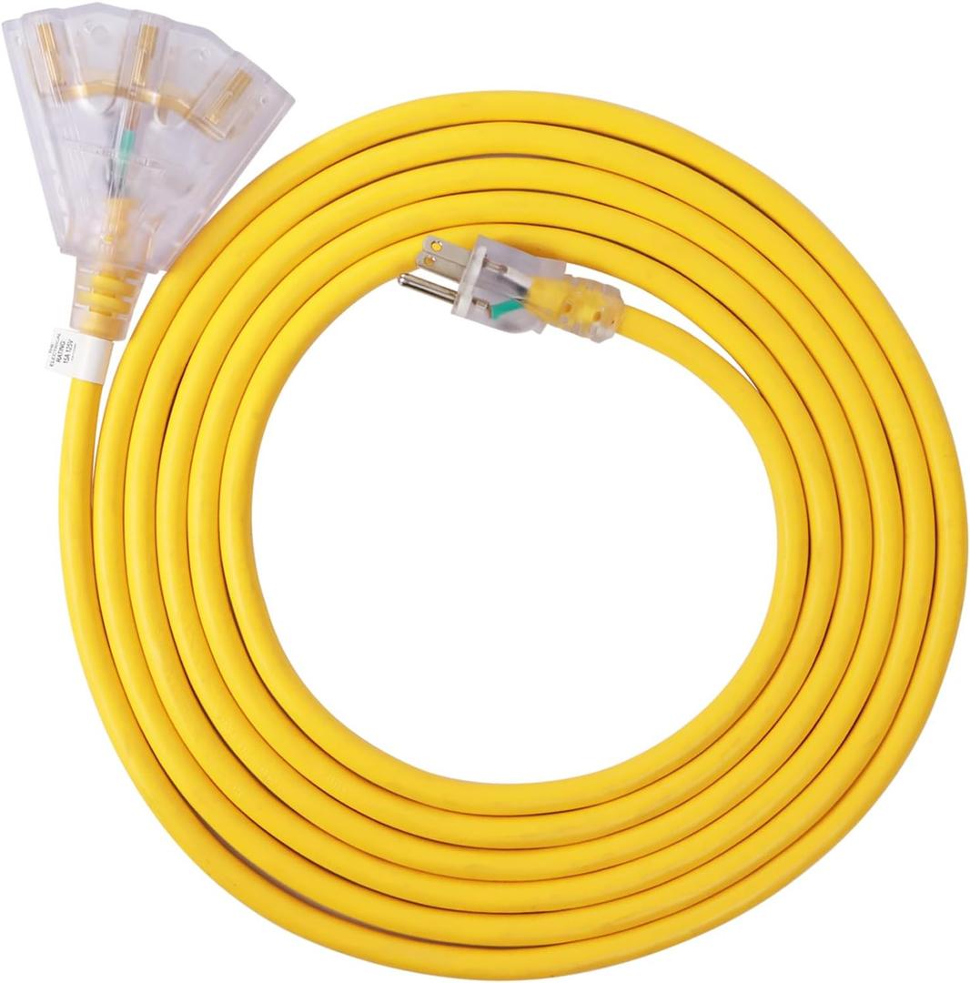 EP 50 Ft Lighted Outdoor Extension Cord with 3 Electrical Power Outlets - 14/3 SJTW Heavy Duty Yellow Extension Cable with 3 Prong Grounded Plug - Power Cord for Lawn, Garden, Appliances
