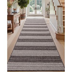 DEXI Hallway Runner Rug 3.3x8, Woven Braided Farmhouse Runner Carpet Indoor, Absorbent Thin Long Entryway Runners for Kitchen, Laundry Room, Patio Entrance, Striped Grey, 39" X 120'' (Runner)