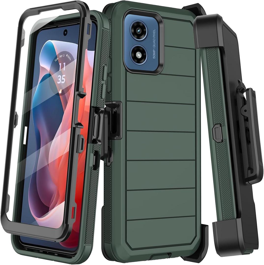 for Motorola Moto G Play 2024 Case with Belt Clip Holster,Built-in Screen Protector,Heavy Duty Shockproof Drop Protection Military Grade Durable Full Body Phone Cover with Kickstand (Deep Green)