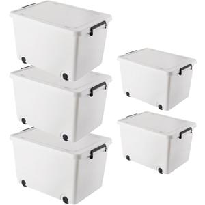 62QT*3/33QT*2 White Plastic Storage Bins with Lids, Stackable Containers with Wheels and Latches, 5 Pack (3L+2M)