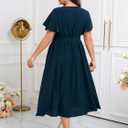 Womens Plus Size Dress Wedding Guest Cocktail Pleated V Neck Faux Wrap V Neck Flowy A Line Midi Dresses with Belt (XL)