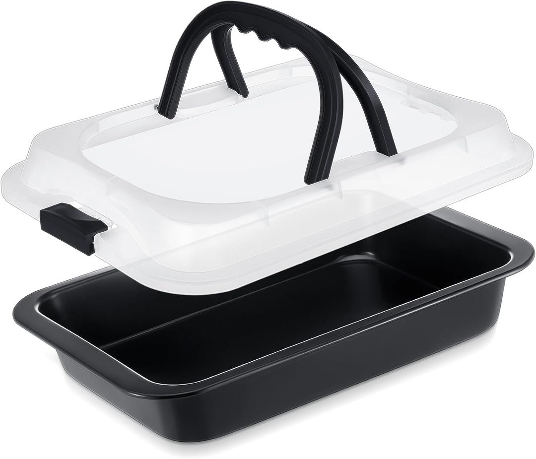 1 Pcs Cake Baking Pan with Lid and Handle, 9 x 13 Inch Non-stick Rectangle Sheet Cake Pan Carrier for Brownie Roasting Cooking Baking (Black) 