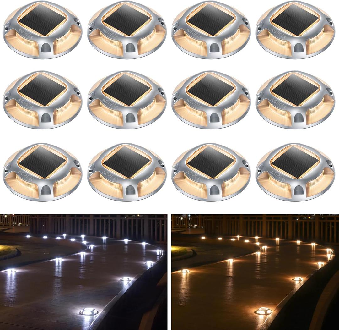 AGPTEK Solar Driveway Lights Outdoor 12 Pack, 2 Color Modes LED Deck Dock Marine Waterproof Driveway Marker Lights for Step Sidewalk Stair Garden Pathway Walkway Yard (Warm White/Cool White)