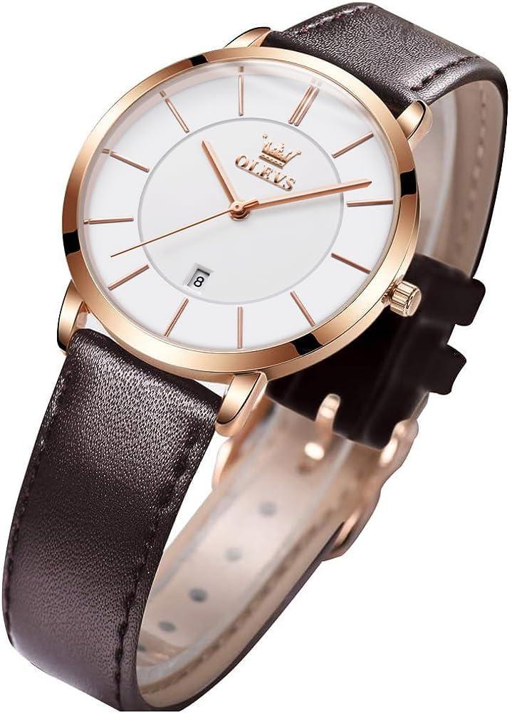 OLEVS Women's Watches for Ladies Female Wrist Watch Leather Band Waterproof Thin Minimalist Casual Simple Dress Quartz Analog with Date Calendar