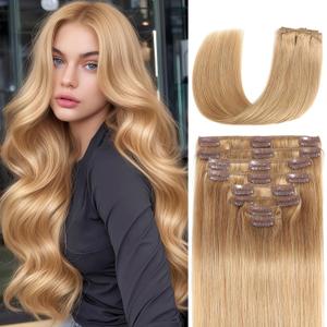 Clip in Hair Extensions Real Human Hair 22 inch 110g/3.9oz Straight Seamless Invisible Human hair Extensions Clip ins for Women Double Weft 8pcs #27-Honey Blonde