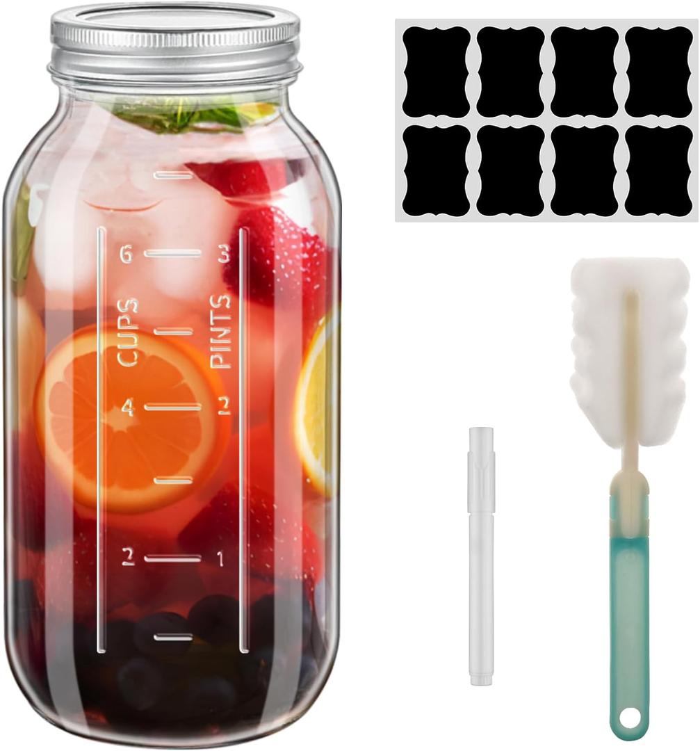 64 OZ with scale Large Wide Mouth Mason Jars with Lids, Heavy Duty Glass Airtight Storage Canning Jar and Band Half Gallon / 2 Quart (3)