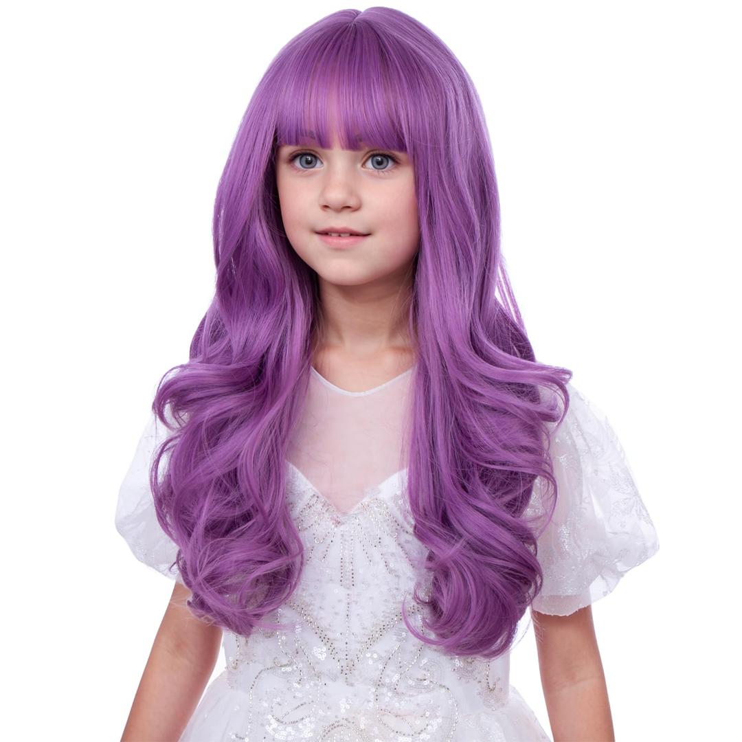 Kids Lavender Wig Child Long Wavy Light Purple Wigs with Bangs Synthetic Wigs for Girls Daily Party Halloween Use