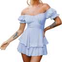 Fixmatti Women Boho Romper Off Shoulder Ruffle Chiffon Shorts Jumpsuit Playsuits (Medium, Z-light Blue)