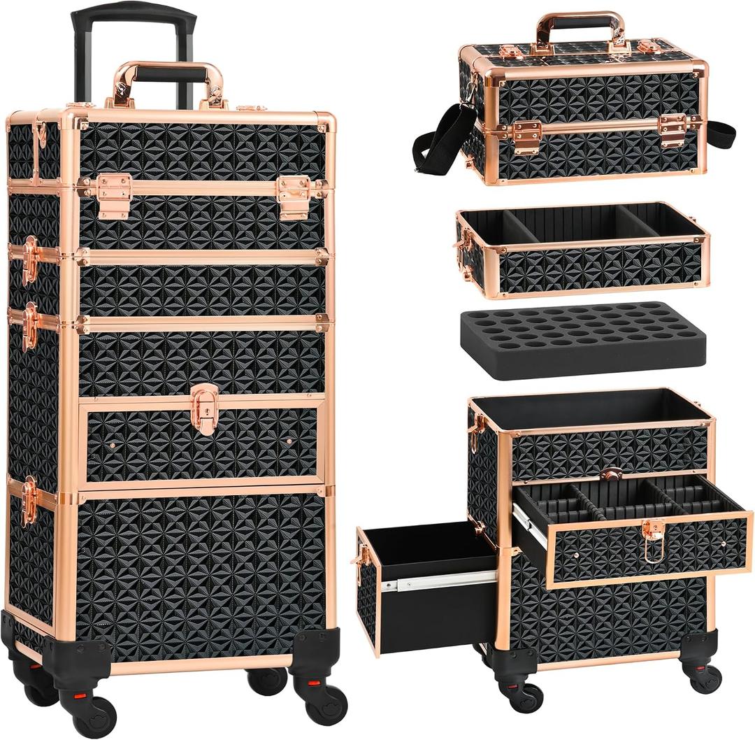 Makeup Train Case with Drawer, Rolling Makeup Case, Cosmetology Case on Wheels, Gift, Large Makeup Case Organizers, Professional for Salon Barber, Nail, Tattoo, Black Gold