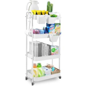 4-Tier Rolling Utility Cart, Metal Storage Cart with 3 Hanging Cups & 4 Hooks, Multifunctional Organization Cart with Lockable Casters for Bathroom, Kitchen, Living Room, Office, White