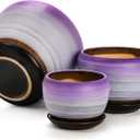 SOUJOY Set of 3 Ceramic Flower Pots, Gardening Plant Pot with Drainage Holes and Saucer, 7/5/4 inch Purple Round Succulent Herbs Cactus Planter for Indoor Outdoor