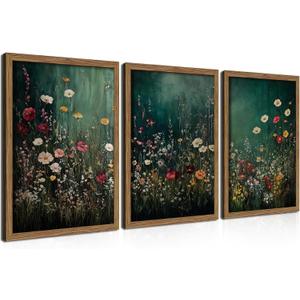 Vintage Wildflower Wall Art Set of 3, Moody Dark Green Flower Botanical Wall Decor Paintings,Nature Floral Farmhouse Landscape Posters Prints Pictures for Living Room Bedroom 16x24 Inch Wood Framed