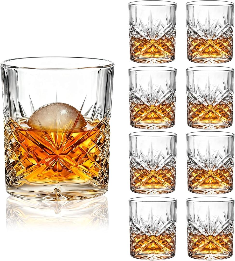 Encheng Whiskey Glasses Set of 8,10 oz Bourbon Cocktail Glass with Heavy Base,Old Fashioned Rocks Glasses,Clear Lowball Drinking Glass for Men,Vodka,Scotch,Liquor,Spirits