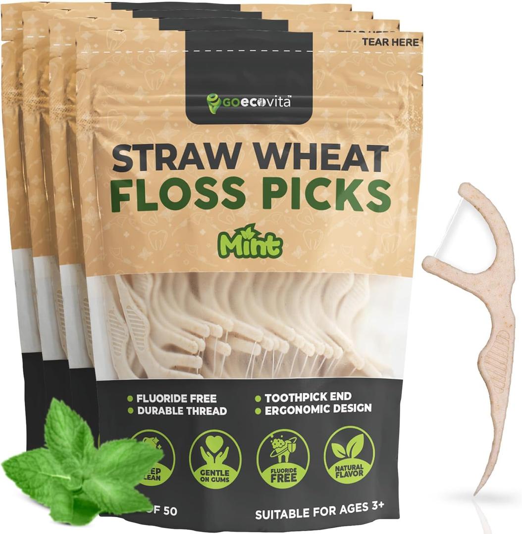 Dental Floss Picks - Straw Wheat Handle Flossers | Thin & Shred-Resistant Thread for Tight Gaps | Flossers for Adults | Gentle on Gums & Teeth | Gluten-Free & Vegan (200 Pack, Mint) 4 Pack