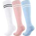 Blicount Compression Socks Women&Men Cotton with Grips Non-Slip 15-20 mmHg Knee High Support Sock for Nurse, Pregnant Women, Travel, Yoga, Pink, White, Blue, Size L-XL