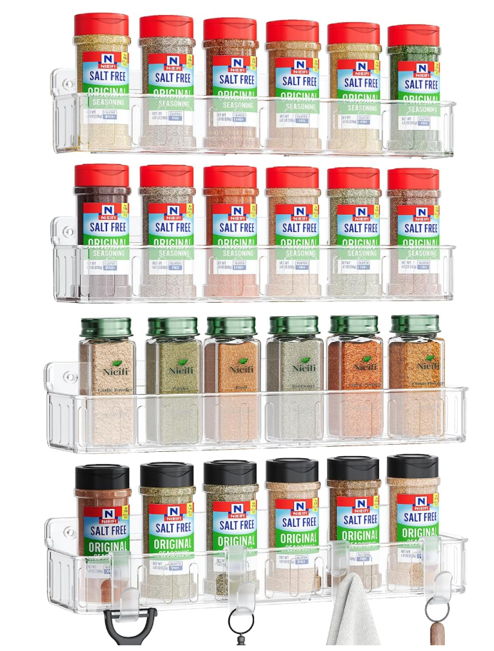 Nieifi Spice Rack Wall Mount, 4 Pack, Clear, Screw or Adhesive Installation, Spice Rack Organizer for Your Kitchen Cabinet or Pantry Door