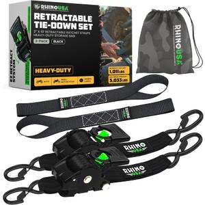 Rhino USA Retractable Ratchet Straps (2-Pack) - 2 Inch x 10 Feet (3,033lb Break Strength) - Heavy Duty Auto Self Retracting Tie Down Straps for Truck, Cargo Trailer, Motorcycle, Rad & More - Black