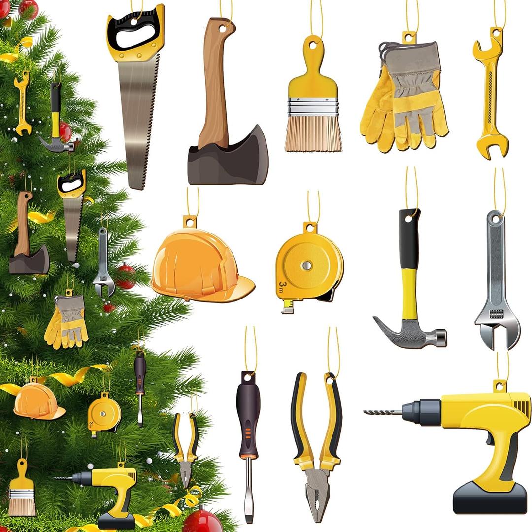 60 Pcs Construction Christmas Tree Ornament Handyman Tool Wooden Christmas Hanging Decoration Wood Axe Pliers Hammer Hard Hat Ornament Holiday Decorations for Welder Lineman Xmas Party Decor
