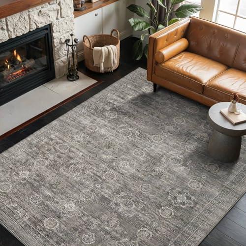 Rugxara 4x6 Rug for Living Room Bedroom, Grey Washable Throw Rugs, Vintage Retro Boho Area Rugs, Non Slip & Low Pile Accent Carpet for Indoor Dining Room, Kids Room and Office(Taupe/Grey 4x6ft)