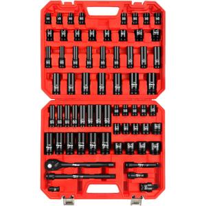 66Pcs 1/2" Drive Deep Impact Socket Set, SAE 3/8"-1-1/4", Metric 8-24mm Size with Ratchet Handle, Extension Bars, Universal Joint and Adapter, CR-V Steel for Auto Maintenance, Repairs