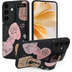 Case for Samsung Galaxy S25 6.2 inch 2025 Released, Silicone Case with Strap for Women Girls Cute Floral Flowers Adjustable Wristband Kicktand Cover for S25 Plus, Black Flower