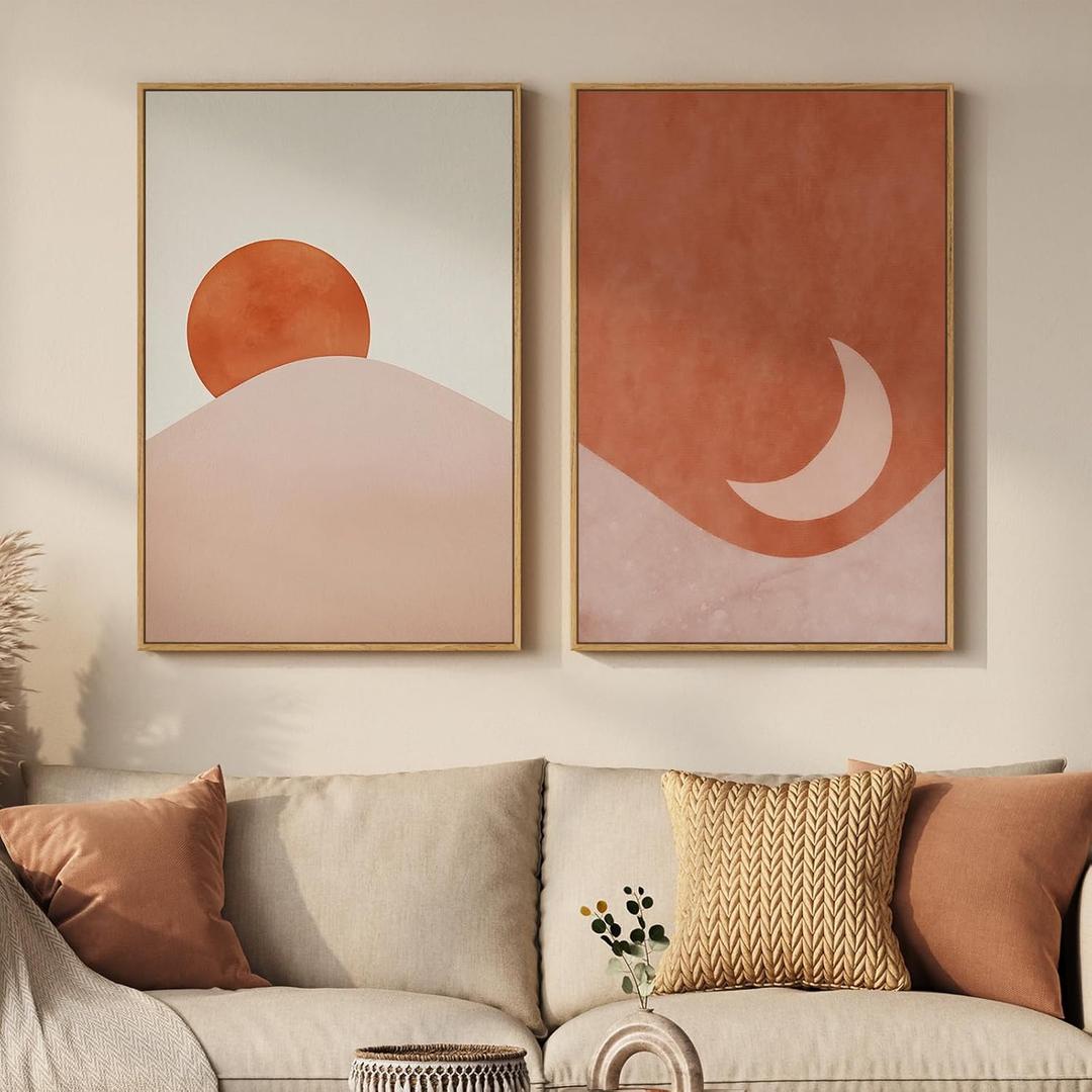 Framed Boho Sun and Moon Set of 2 Wall Art, Terracotta Blush Mid Century Modern Canvas Artwork for Walls, Bohemian Abstract Painting Print for Living Room Bedroom Hallway Office Wall Decor, 16x24 Inch