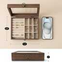 CT SUN Small Wooden Ring & Earring Organizer Box Case, Display Case with HD Glass Lid, Velvet Lining, Organizer for Women Rings Earrings Bracelets Brooches, Compact Size Jewelry Box for traveling