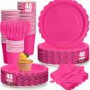 200Pcs Hot Pink Party Plates and Napkins, 9’’ Disposable Scalloped Hot Pink Paper Plates and 7’’ Hot Pink Dessert Plates Cups Napkins Forks Party Supplies for Birthday Party Decorations, Serves 40, 40SET