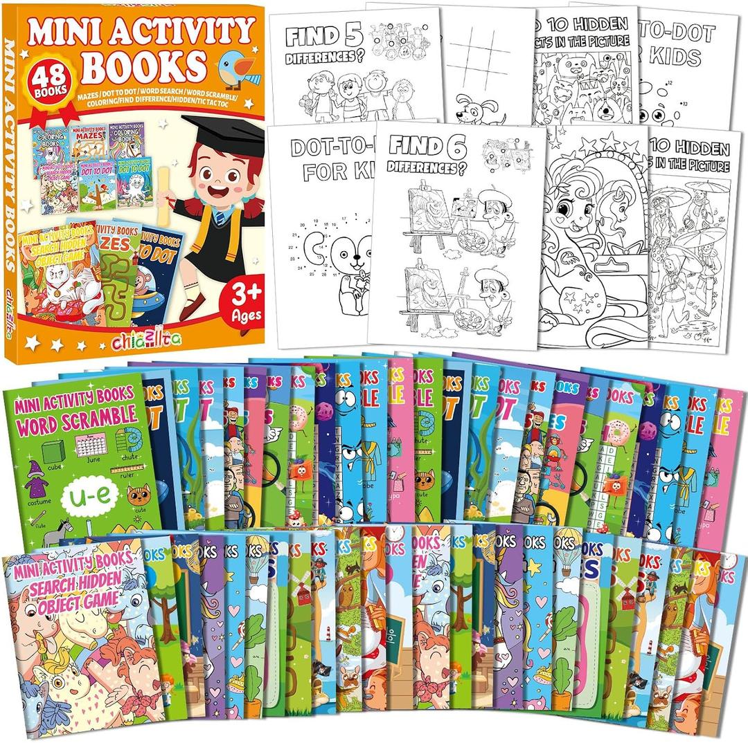 chiazllta 192 PCS Mini Activity Books for Kids Party Favors Age 4-12 Bulk Activity Books Include Mini Coloring Book Mazes Dot to Dot Word Search Word Scramble Goodie Bags Stuffers Classroom Activities