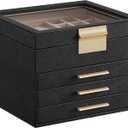 SONGMICS GISELLA Collection - Jewelry Box Organizer, 4-Layer Jewelry Storage with 3 Drawers, Shiny Metal Hardware, Glass Lid, Modern, 8 x 9.1 x 6.5 Inches, Ink Black and Gold Color UJBC173B01