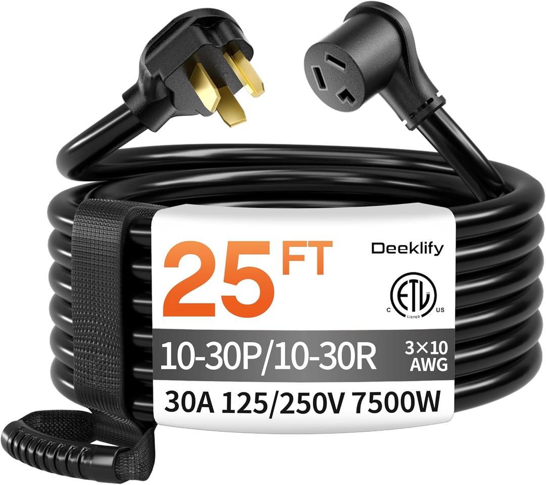 25 FT 3 Prong Dryer Extension Cord Outdoor Black, 30 AMP 10/3 Gauge Heavy Duty, NEMA 10-30P to 10-30R, Waterproof STW Jacket ETL Listed for Dryers & EV Charging